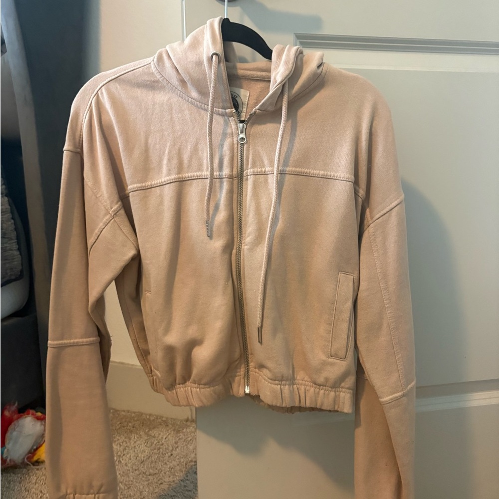 Light Beige Hooded Zip Bomber Jacket